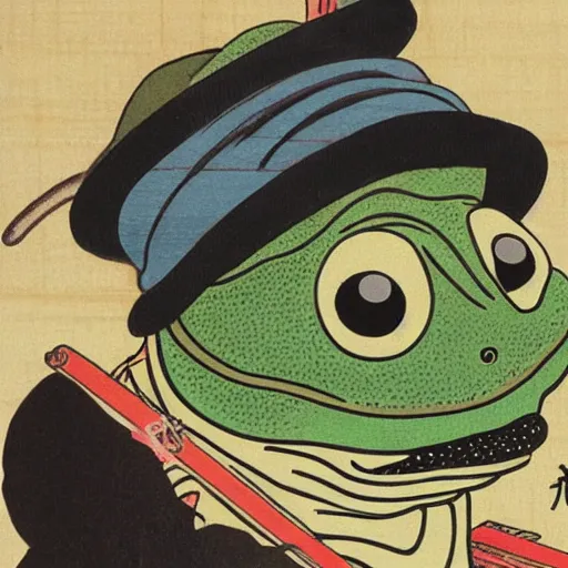 Prompt: a frog with a rice hat on smoking a cigarette, ukiyo - e