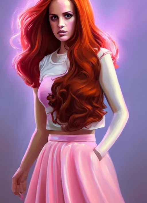 Image similar to full body portrait of teenage cheryl blossom, bangs, green eyes, sultry expression, red hair, sultry smirk, bangs and wavy hair, pink skirt, bangs, intricate, elegant, glowing lights, highly detailed, digital painting, artstation, concept art, smooth, sharp focus, illustration, art by wlop, mars ravelo and greg rutkowski