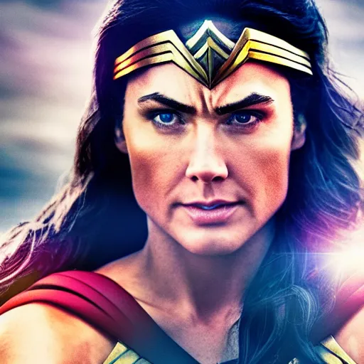 Image similar to A wide angle shot of athletic Wonder Woman from Justice League movie with headband and armor, stunning photorealistic image, 200mm F/2.0