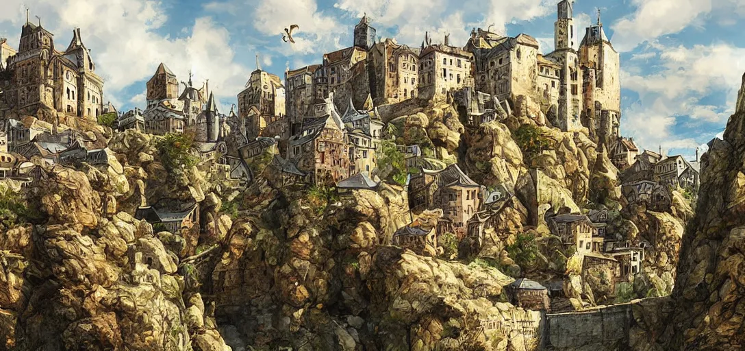 Image similar to huge medieval city, interesting rocky shaped terrain, digital art, art by craign mullin