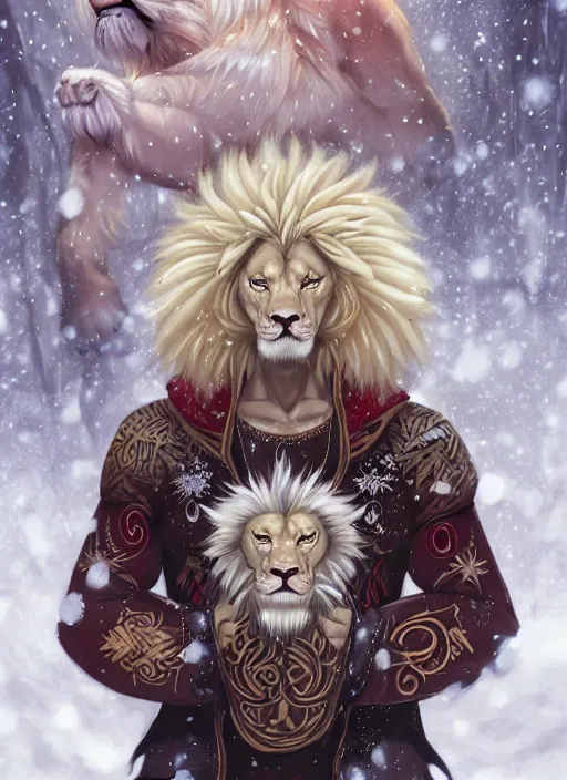 Image similar to award winning beautiful portrait commission of a male furry anthro albino lion with tattoos on his muscular belly with a beautiful hyperdetailed attractive outfit and face wearing a golden and red winter cozy outfit with red background and white snow falling around lion. Character design by charlie bowater, ross tran, and makoto shinkai, detailed, inked, western comic book art