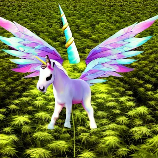 Prompt: a unicorn with wings standing in a field of marijuana eating, wildlife photography, 8 k, highly detailed, ultra realistic