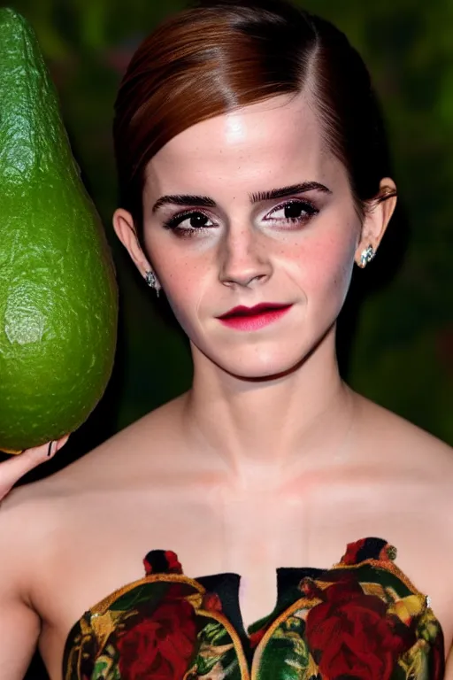 Prompt: emma watson cosplaying as an avocado, high quality photography