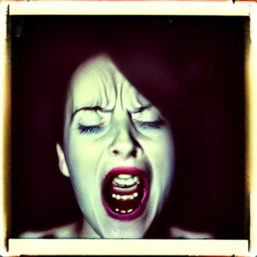 Image similar to eyes peering from inside mouth. portrait of a screaming women. hq photo, surreal, harsh lighting. polaroid type 6 0 0. fear. unnerving. menacing. supernatural