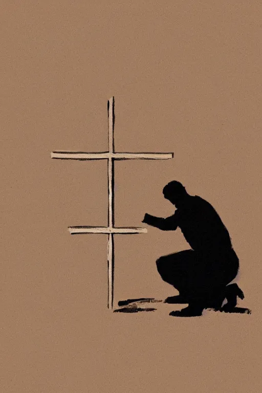 Image similar to man kneeling on the ground in front of a wooden cross, 1960’s minimalist advertising illustration, painterly, expressive brush strokes