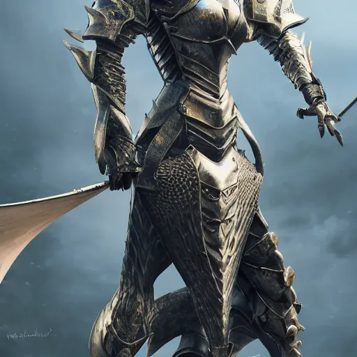 Image similar to highly detailed realistic stunning shot of a beautiful elegant anthropomorphic female dragon knight, armor made of steel, sharp claws and tail, cloak flittering in the wind, high quality, HD octane render, epic cinematography, Artstation, Deviantart, Furaffinity