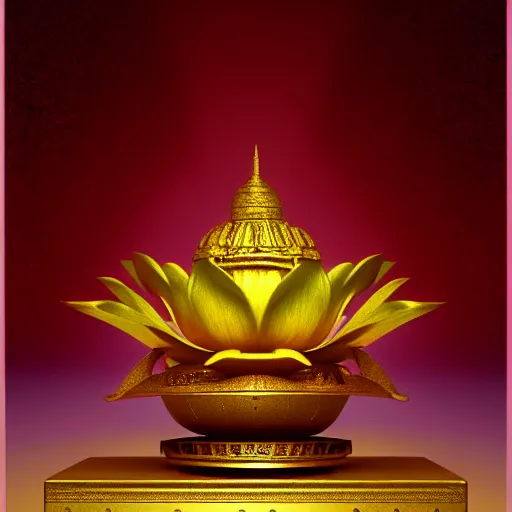 Image similar to a pastel in the style of noriyoshi ohrai and mark tedin of an ancient holy gilded metal lotus artifact that sits in a temple on pillow. key art. 4 k retrofuturistic fantasy