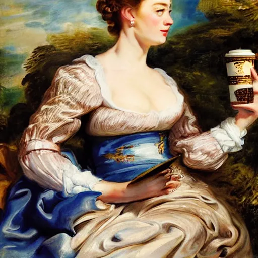 Image similar to heavenly summer sharp land sphere scallop well dressed lady holding a starbucks coffee cup, auslese, by peter paul rubens and eugene delacroix and karol bak, hyperrealism, digital illustration, fauvist,