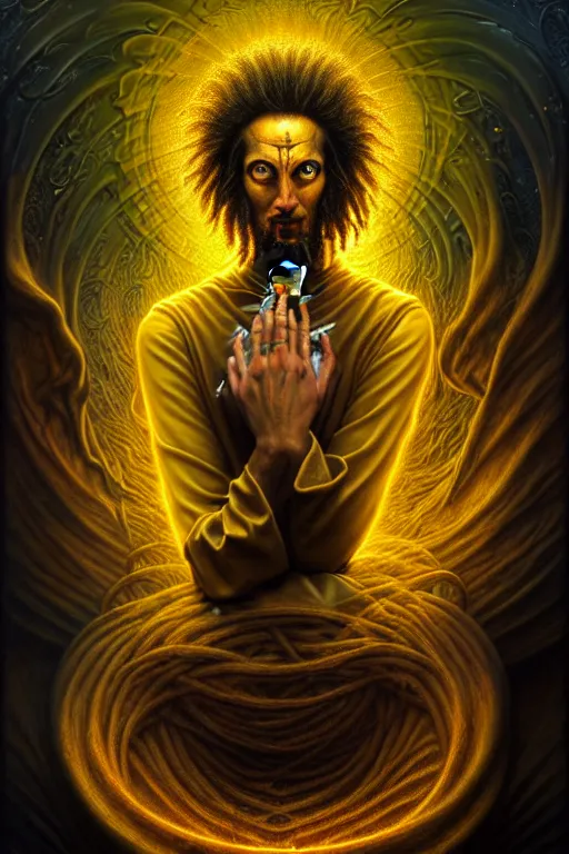 Image similar to The Software Developer, tarot card, by tomasz alen kopera and Justin Gerard, computer nerd, matrix text, thinkpad, dreadlocks, symmetrical features, ominous, magical realism, texture, intricate, ornate, royally decorated, whirling yellow smoke, embers, radiant colors, fantasy, trending on artstation, volumetric lighting, micro details, 3d sculpture, ray tracing, 8k, anaglyph effect