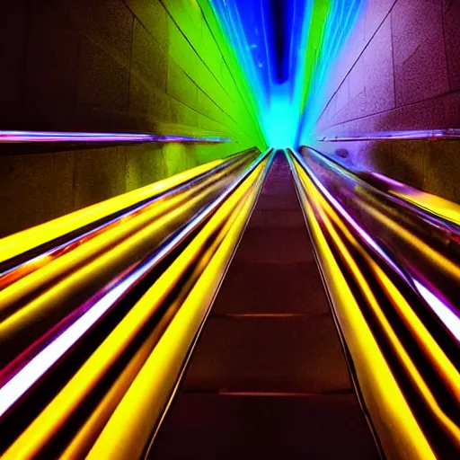 Prompt: approaching futuristic escalator inside white back glossy lit tube with streaming beams of light, building anticipation, scintillating, dichroic, movement, pastel gradients, 8 k, highly detailed, professional photograph, epic composition, modern details