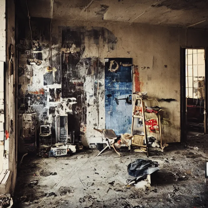 Image similar to old, grungy, dirty, modern home interior, color photograph, canon eos c 3 0 0, ƒ 1. 8, 3 5 mm, 8 k, medium - format print