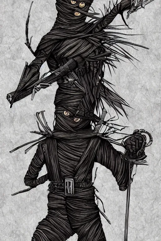 Prompt: ninja scarecrow, symmetrical, highly detailed, digital art, sharp focus, trending on art station, anime art style