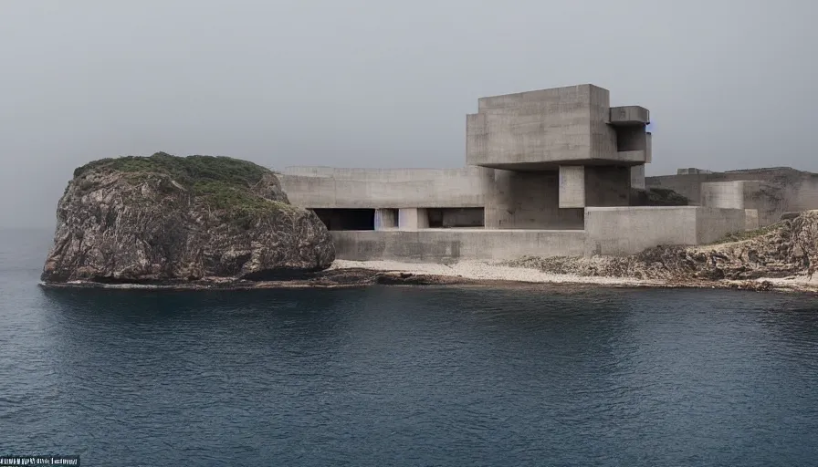 Prompt: brutalist base perched on a cliff overlooking a magnificient bay, drawing architecture, fog horizon, pritzker architecture prize, greig fraser