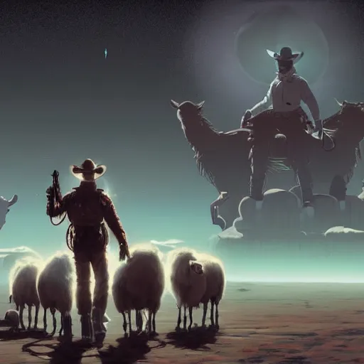 Image similar to Cyberpunk cowboys herding sheep in a No Man's Sky landscape in the style of Frederic Remington