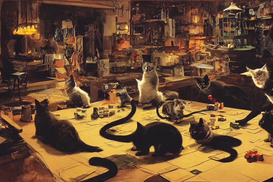 Prompt: cats rolling dice with rats, neon basement, by syd mead