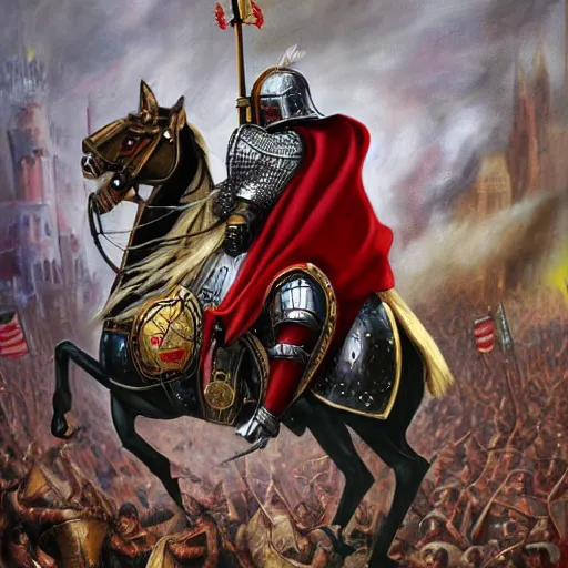 Image similar to trump as a knight, in war, bloody, crusader times, epic painting, photo realistic