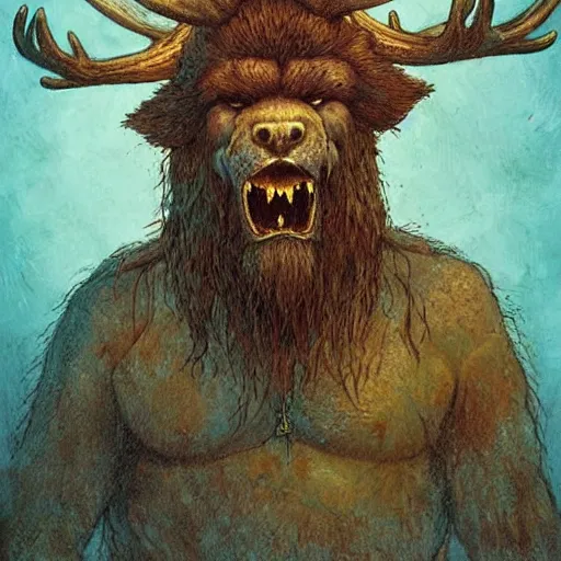 Image similar to hairy barbarian with moose head by moebius and seb mckinnon