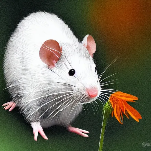 Image similar to photo realistic white rat holding a flower