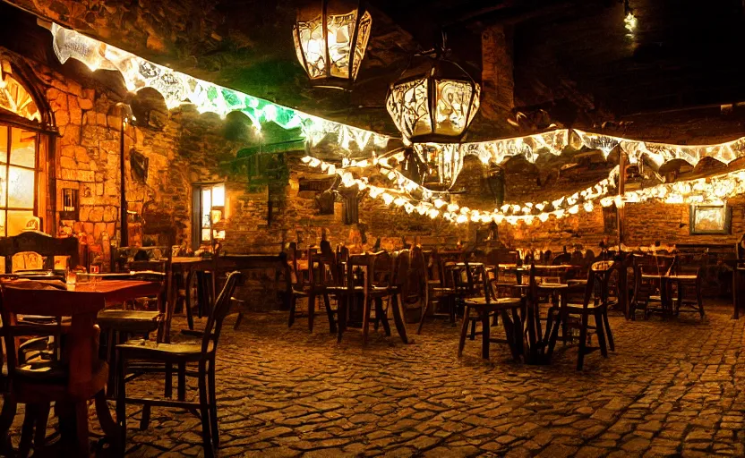 Image similar to medieval tavern, rowdy patrons, steins of ale, ambient, atmospheric, british, cozy, bokeh, adventurous, colorful lanterns