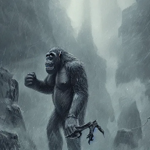 Prompt: King Kong in the forest in the storm, fantasy art, in the style of greg rutkowski, illustration, epic, fantasy, intricate, hyper detailed, artstation, concept art, smooth, sharp focus, ray tracing