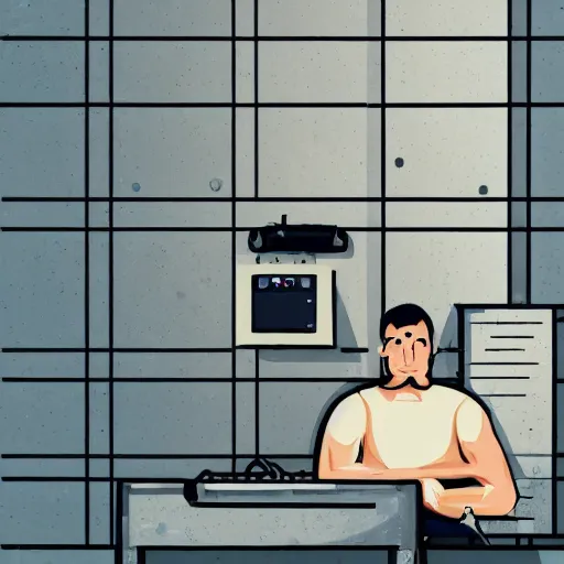 Image similar to prisoner alone in his cell setting up a video call using an ipad, photorealistic, frustrated expression, dark, restrictive firewalls