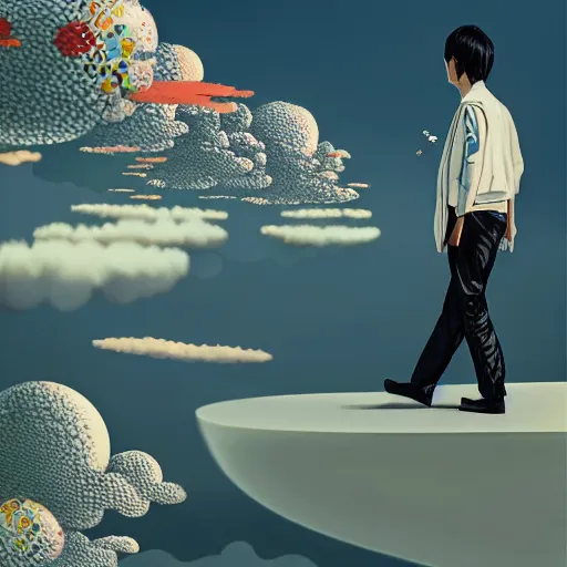 Image similar to a man walking on clouds above kyoto by takashi murakami, beeple and james jean, aya takano color style, 4 k, super detailed, modern, 4 k