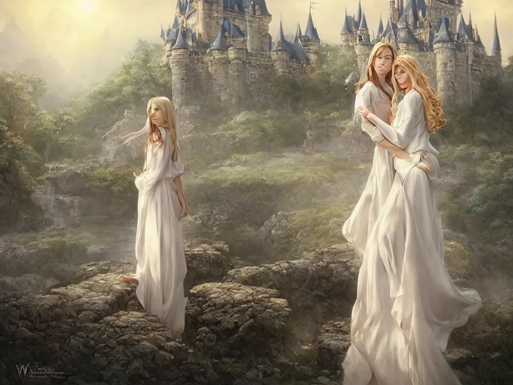 Image similar to beautiful woman in a white blouse hugging an prince, goddess, blurry castle backround, sunny, fine art, awesome fantasy book cover on Pinterest, award winning, dark fantasy landscape, fantasy magic, intricate, elegant, sharp focus, cinematic lighting, highly detailed, digital painting, concept art, art by WLOP and Artgerm and Greg Rutkowski, masterpiece, trending on artstation, 8K