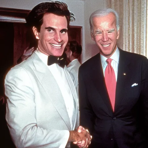 Image similar to patrick bateman shaking hands with joe biden.