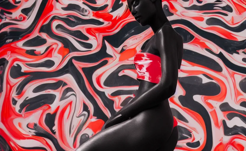 Prompt: beautiful glossy portrait of extremely beautiful female black marble statue in the style of virgil abloh, colorful motocross logos behind her, sharp focus, clear, detailed,, cinematic, detailed, off white, glamourous, symmetrical, vogue, editorial, fashion, magazine shoot, glossy