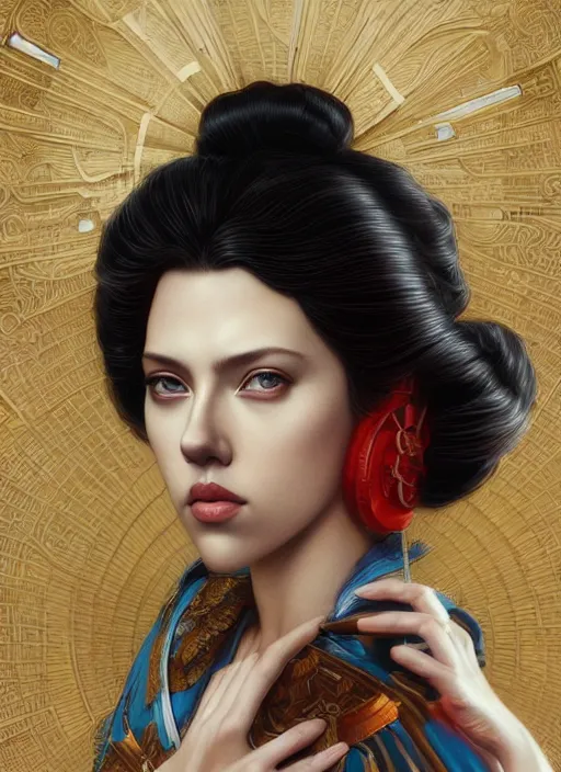 Image similar to symmetry!! scarlett johansson, geisha, machine parts embedded into face, intricate, elegant, highly detailed, digital painting, artstation, concept art, smooth, sharp focus, illustration, art by artgerm and greg rutkowski and alphonse mucha, 8 k