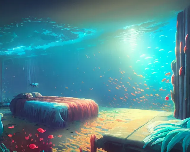 Prompt: underwater coral reef bedroom, bubbles, radiant light, fantasy art by alena aenami and greg rutkowski, artstation, pixiv, deviantart