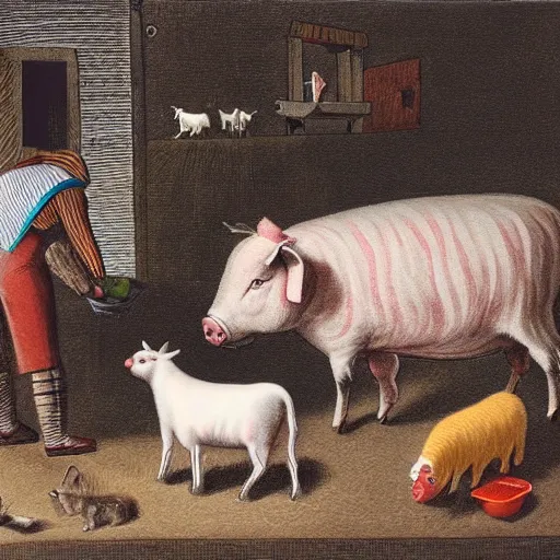 Image similar to butcher feeding a cat, while being watched by a pig, a sheep, a chicken and a cow