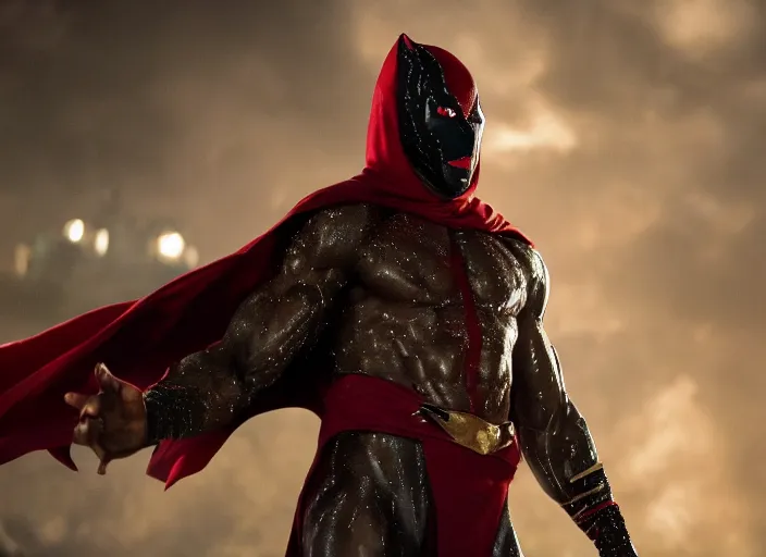 Image similar to film still of michael b jordan as spawn in the new spawn movie, giant chains, large cape, 8 k