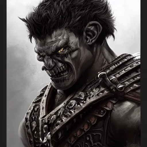 Prompt: portrait of a hulking herculean orc demon pirate rogue thief, male, masculine, upper body, belt of skulls, fantasy, frown,, intricate, elegant, highly detailed, digital painting, artstation, concept art, matte, sharp focus, illustration, art by artgerm and greg rutkowski and alphonse mucha