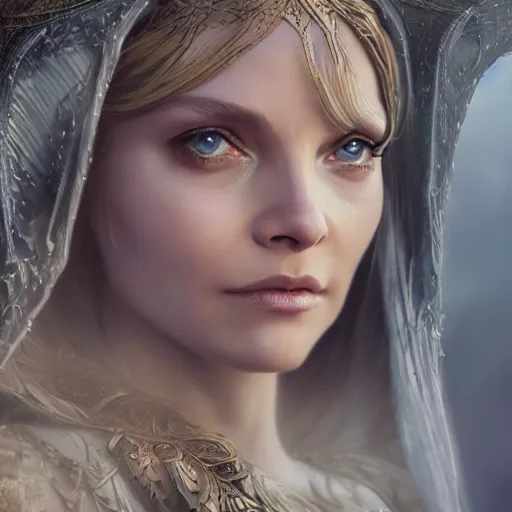 Prompt: young Michelle Pfeiffer elven priestess, atmospheric lighting, intricate detail, cgsociety, hyperrealistic, octane render, RPG portrait, ambient light, dynamic lighting, hyper detailed, elegant, cinematic, awe inspiring, beautiful, unreal engine, 8k ultra hd, artstationHD, hyper detailed, elegant, cinematic, awe inspiring