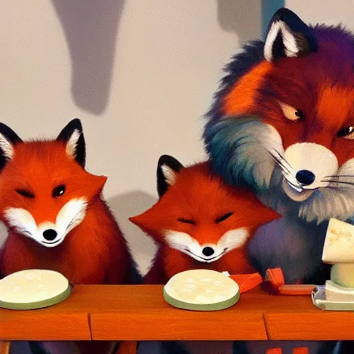 Prompt: foxes judging a cheese competition, furry, cute, disney concept art, pixar, artstation, detailed, award winning, dramatic lighting, snooty expression, smug, cheese, fox, cheese competition, judges