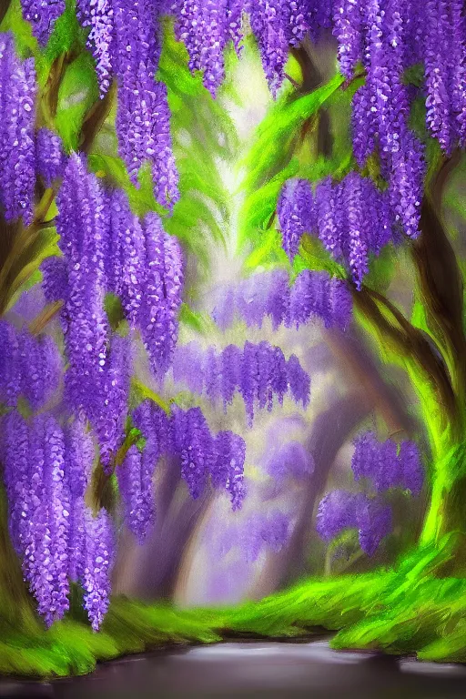 Prompt: wisteria forest with a narrow purple river flowing through it. digital painting. trending on artstation.