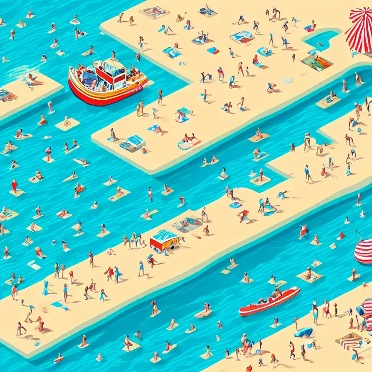 Prompt: high detailed full page spread from the where's waldo at a densely populated beach, isometric, waldo in the top right of frame, high detail illustration, coherent