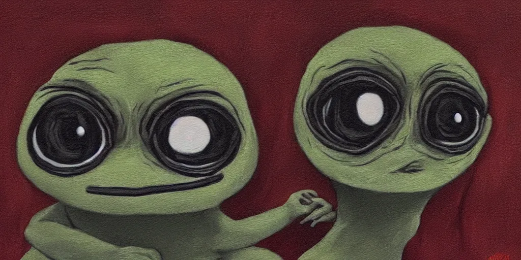 Image similar to sad pepe, big eyes, dark background, crying, emotional painting, high quality, detailed