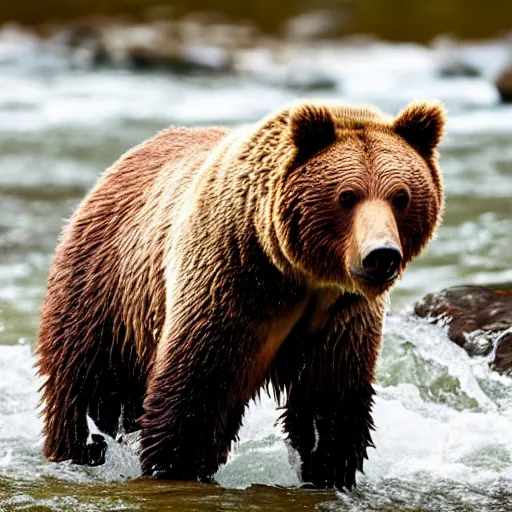 Prompt: a high quality photo closeup of a grizzly bear standing in a river. There is a salmon leaping in the air. the grizzly bear has its jaws open wide, trying to bite down and catch the salmon. Shallow depth of field.