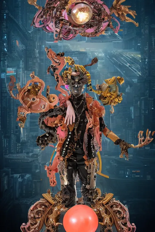 Image similar to full-body rococo and cyberpunk style sculpture of a young handsome Spanish prince half android with a chest exposing a glowing orange gem, glowing pink laser eyes, crown of blue gears and giant diamonds, swirling salmon-colored silk fabric, robotic raptors dinosaurs. baroque elements. full-length view. intricate artwork by caravaggio. Trending on artstation, octane render, cinematic lighting from the right, hyper realism, octane render, 8k, depth of field, 3D