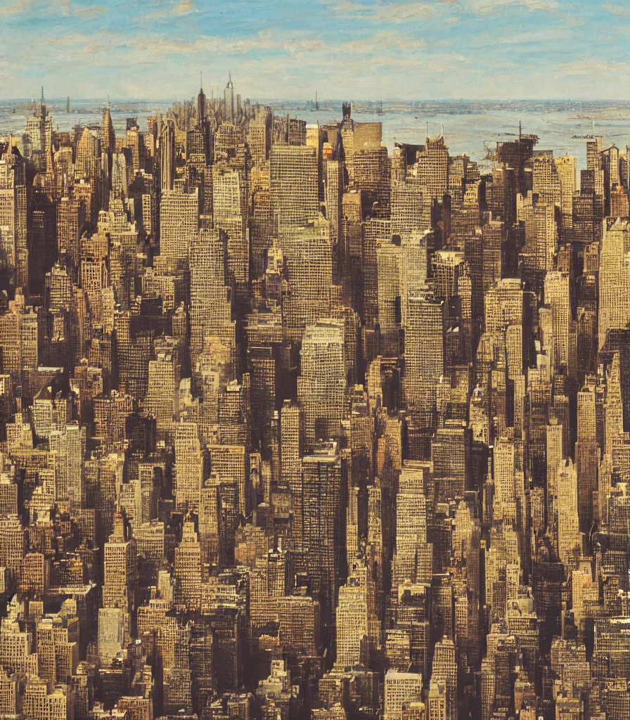 Prompt: a photorealistic painting skyline of new york city from the distance, 5 0 mm photography, golden hue