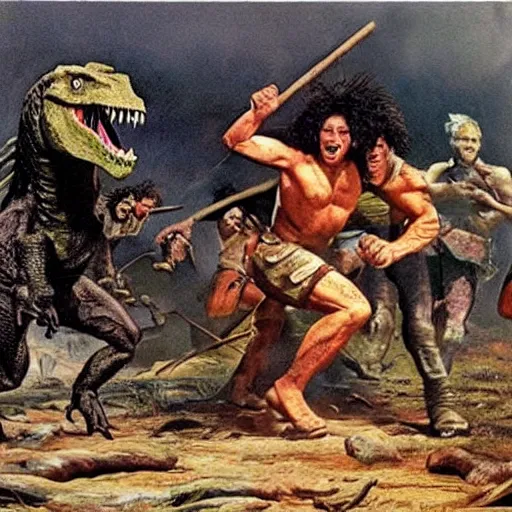 Prompt: color photo of T Rex dinosaur attacking cavemen.