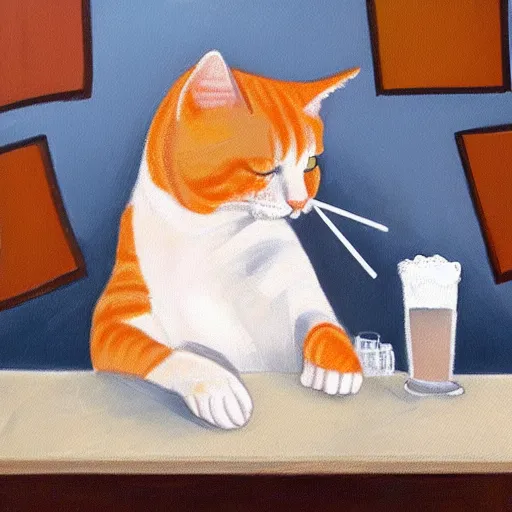 Image similar to oilpainting canvas of a sad orange white tabby cat drinking beer and smoking a cigarette at a bar, overthinking his mistakes he made in life