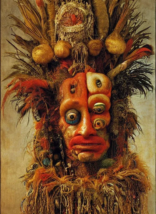 Prompt: a surreal painting of a shaman's face, by Giuseppe Arcimboldo, symbolist, soft colors, dramatic lighting, smooth, sharp focus, extremely detailed, aesthetically pleasing composition