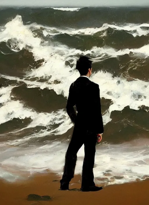 Image similar to black ocean, crashing waves, dale cooper standing alone amidst waves, lonely!!!!! painting by phil hale, fransico goya,'action lines '!!!, graphic style, visible brushstrokes, motion blur, blurry, visible paint texture, crisp hd image