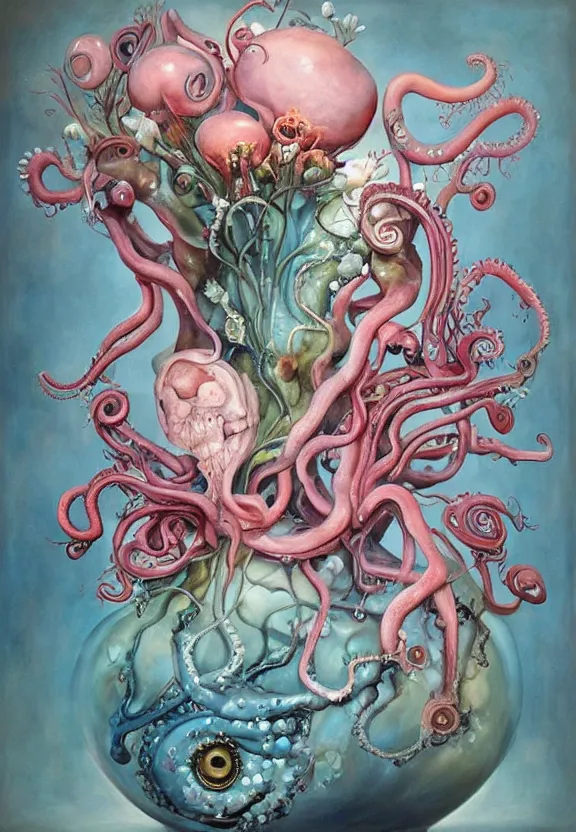 Image similar to a biomorphic painting of a vase with flowers and eyeballs, surrealist painting by marco mazzoni, by dorothea tanning, pastel blues and pinks, tentacles, melting, plastic, skull, featured on artstation, metaphysical painting, oil on canvas, fluid acrylic pour art, airbrush art, seapunk, rococo, lovecraftian
