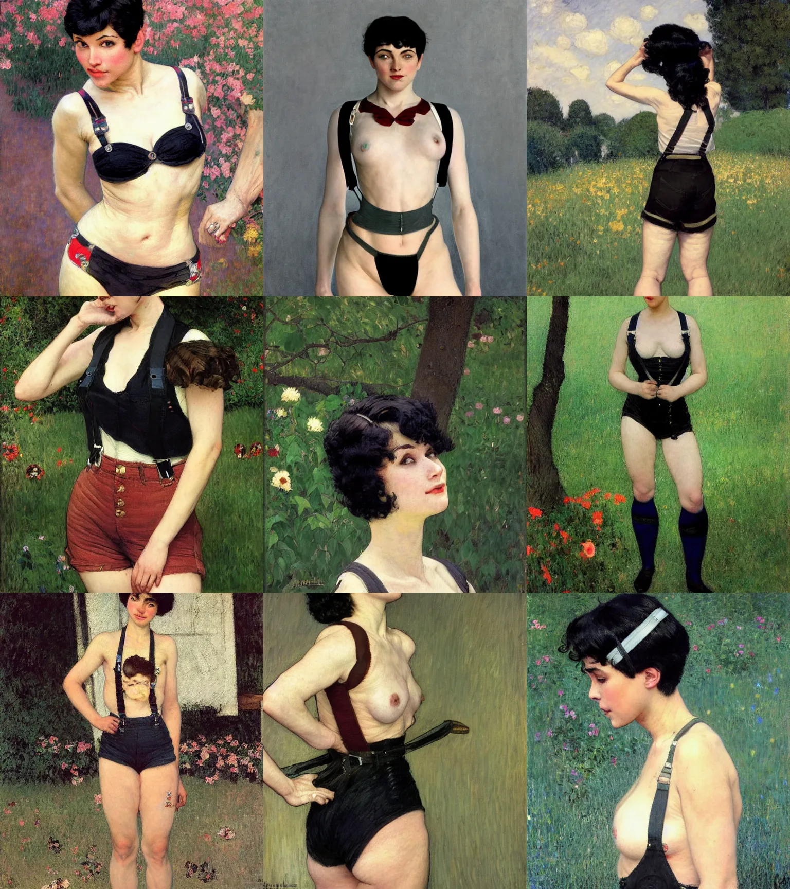 Prompt: a woman with black hair pixie cut in shorts with suspenders drawn by gustave caillebotte, norman rockwell, frank frazetta, peter paul rubens, alphonse mucha, gustav klimt 4k, unreal 5, DAZ, french noveau, trending on artstation, octane render, hyperrealistic