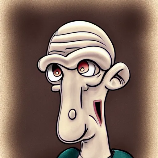 Image similar to handsome squidward portrait, realistic, cartoon, vivid