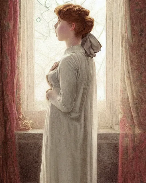 Prompt: a girl that looks like 16-year old Saoirse Ronan, Audrey Hepburn, and Scarlett Johansson, dressed in a nightgown, highly detailed, digital painting, artstation, concept art, smooth, sharp focus, illustration, ArtStation, alphonse mucha and J. C. Leyendecker and Edmund Blair Leighton Donato Giancola